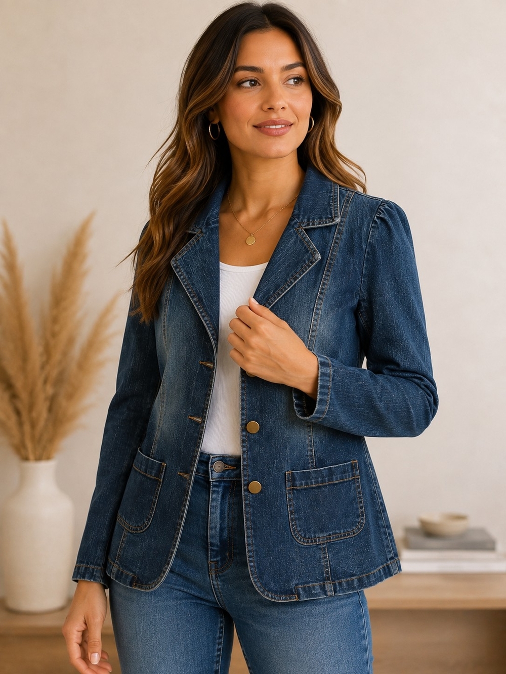 Tailored Dark Blue Denim Jacket with Notched Lapel PTP 18 - 20